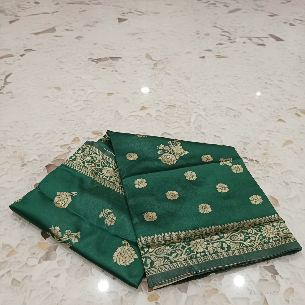 Semi Kanchipuram Silk Saree with Gold Zari Buttas and Pallu in Rich Green Color