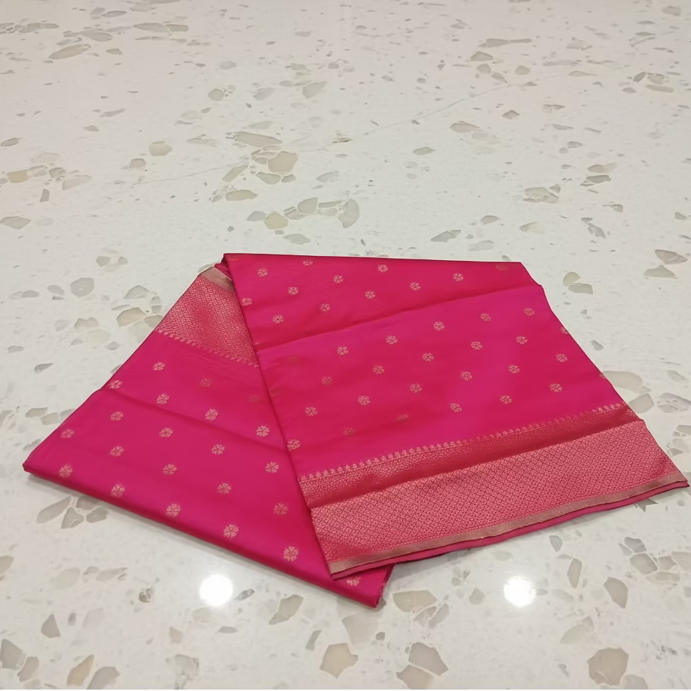 Semi Kanchipuram Silk Saree with Gold Zari Buttas and Pallu in Royal Pink