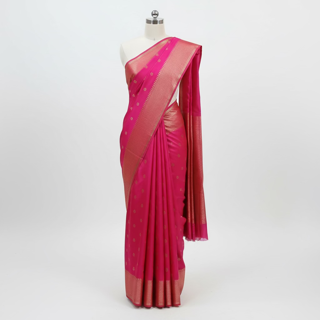 Semi Kanchipuram Silk Saree with Gold Zari Buttas and Pallu in Royal Pink