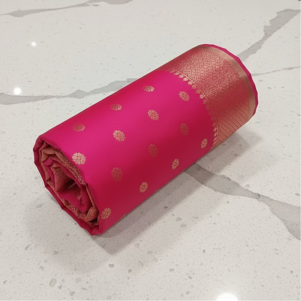 Semi Kanchipuram Silk Saree with Gold Zari Buttas and Pallu in Royal Pink