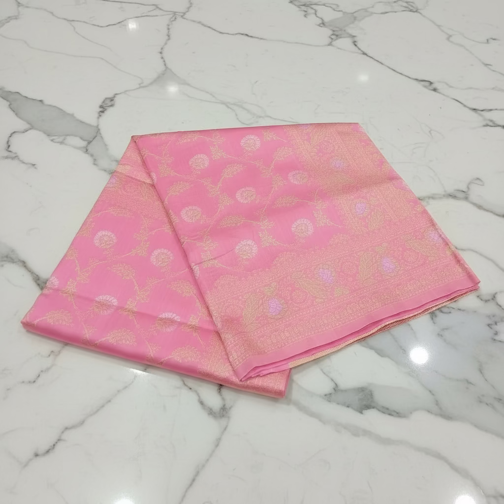 Semi Kanchipuram Silk Saree with Gold Zari Buttas and Pallu in Pastel Pink