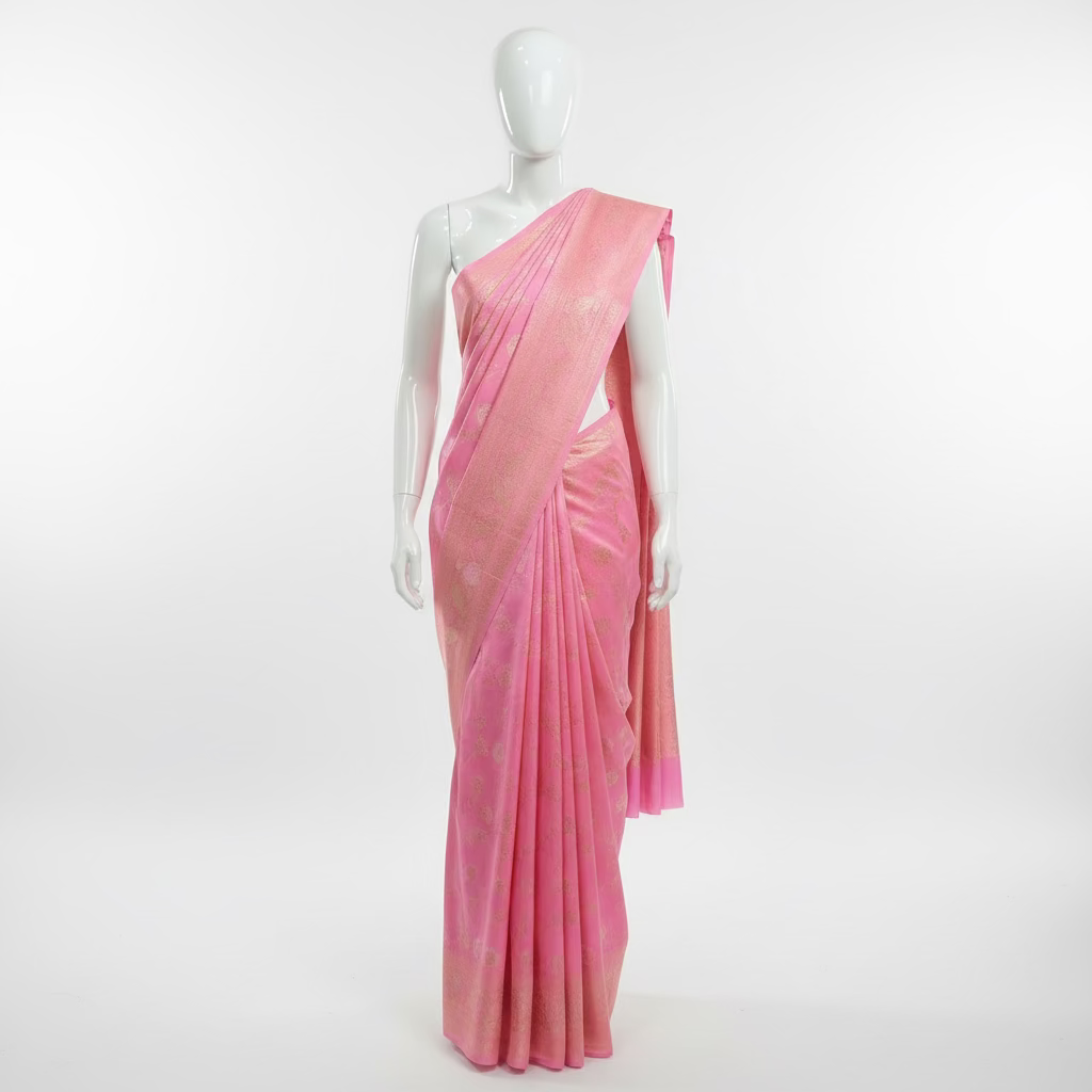 Semi Kanchipuram Silk Saree with Gold Zari Buttas and Pallu in Pastel Pink