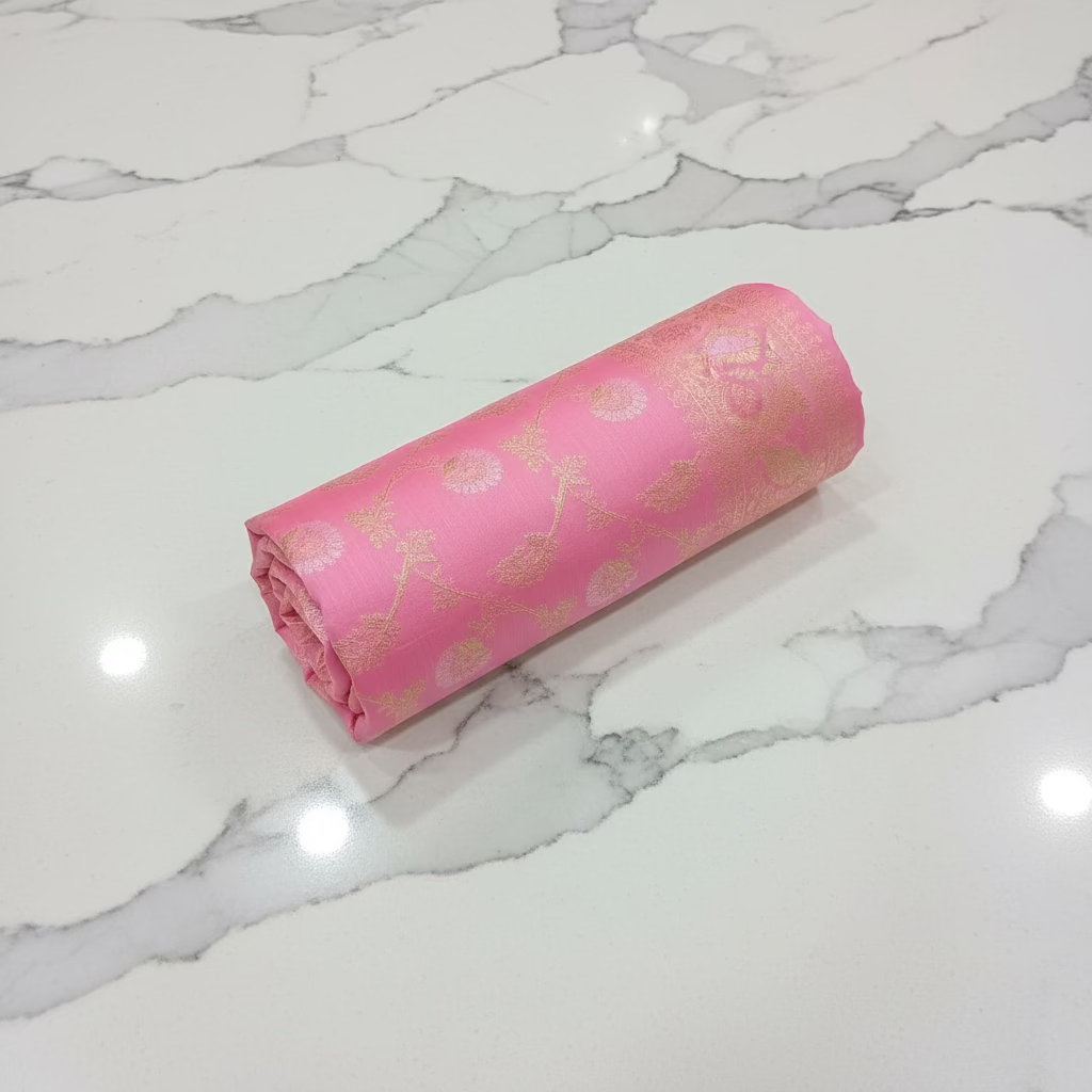 Semi Kanchipuram Silk Saree with Gold Zari Buttas and Pallu in Pastel Pink
