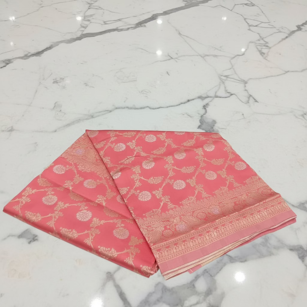 Semi Kanchipuram Silk Saree with Gold Zari Buttas and Pallu in Rich Peach Color