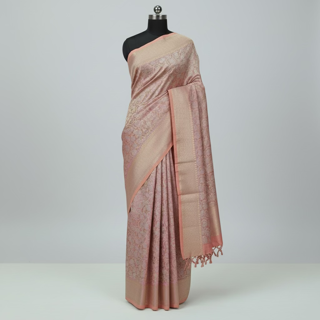 Semi Kanchipuram Silk Saree with Gold Zari Buttas and Shimmered shine in Coral Light Peach Color
