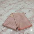 Semi Kanchipuram Silk Saree with Gold Zari Buttas and Shimmered shine in Coral Light Peach Color