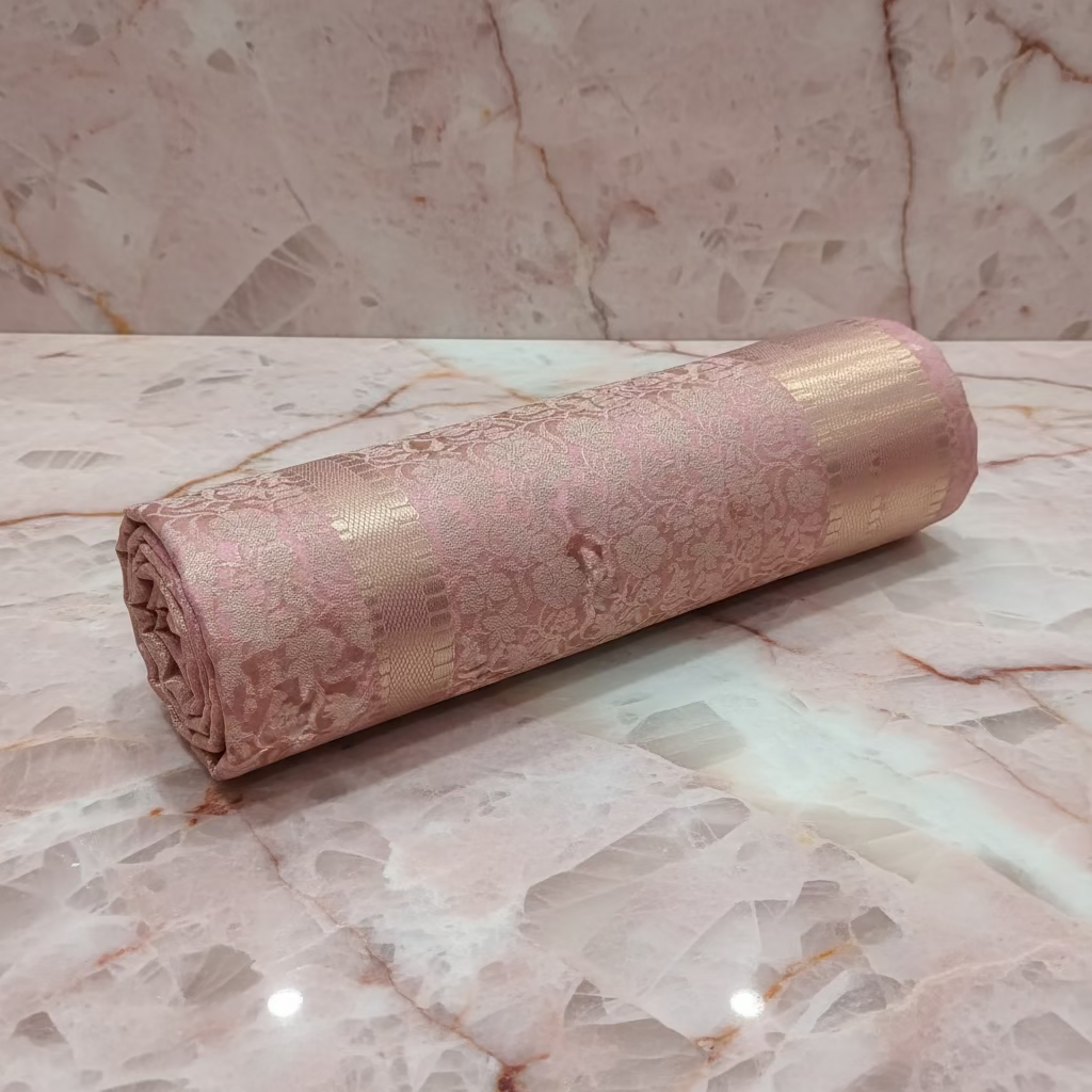Semi Kanchipuram Silk Saree with Gold Zari Buttas and Shimmered shine in Coral Light Peach Color