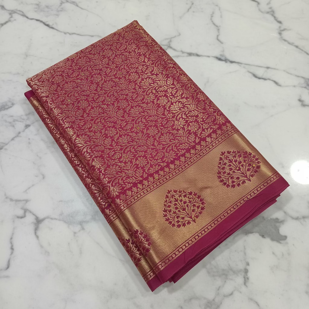 Kanchipuram Pure Silk Saree with detailed Gold Zari Butta motifs and luxurious Pallu with stick on Minakari in Maroon color