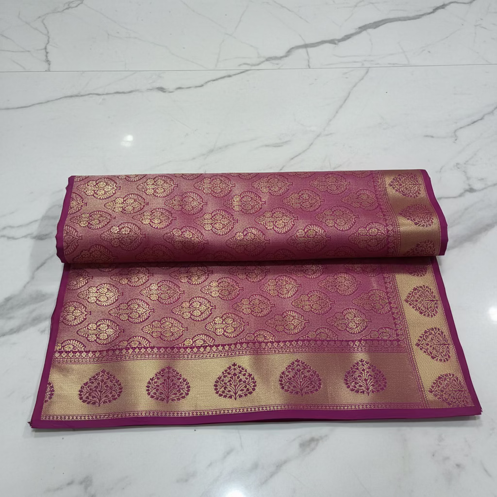 Kanchipuram Pure Silk Saree with detailed Gold Zari Butta motifs and luxurious Pallu with stick on Minakari in Maroon color