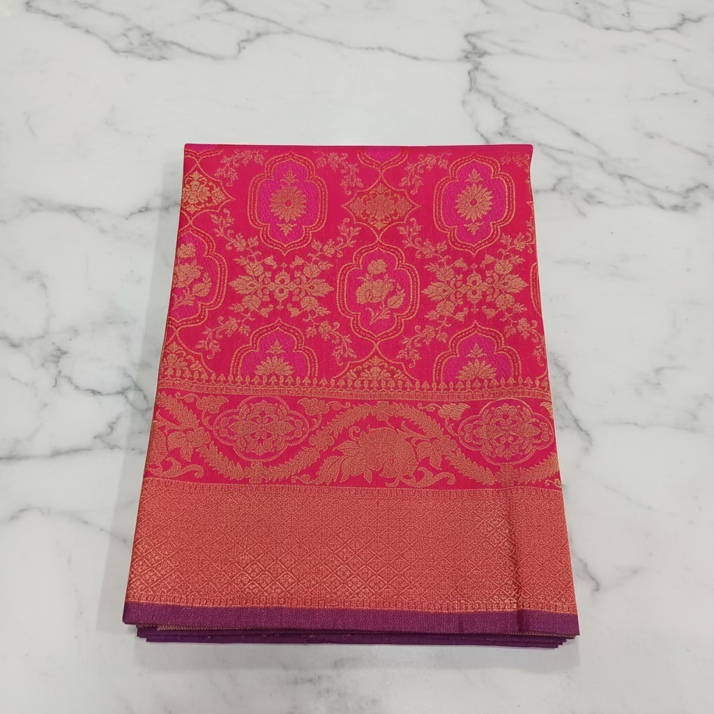 Kanchipuram Pure Silk Saree with detailed Butta motifs and luxurious Pallu in Royal Pink color