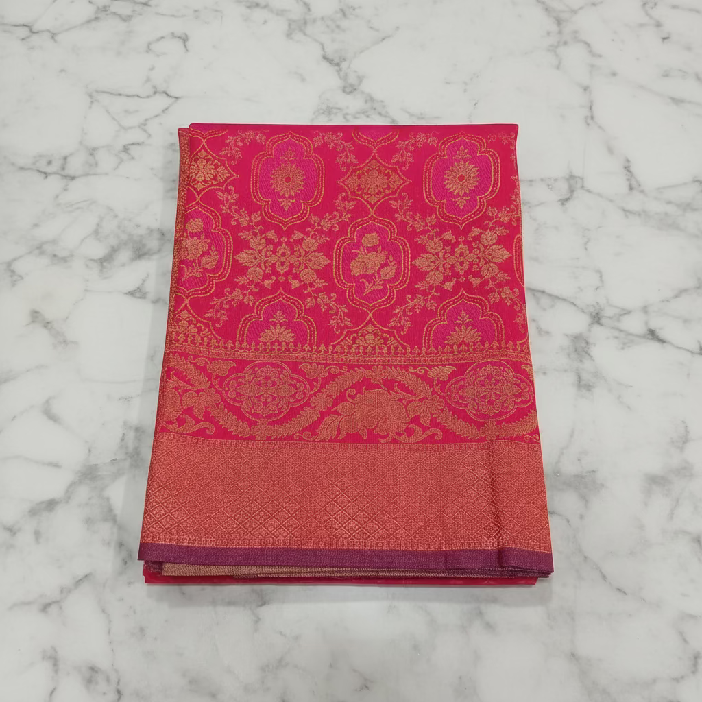 Kanchipuram Pure Silk Saree with detailed Butta motifs and luxurious Pallu in Reddish Pink color
