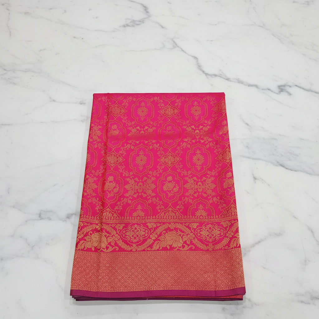 Kanchipuram Pure Silk Saree with detailed Butta motifs and luxurious Pallu in Reddish Pink color