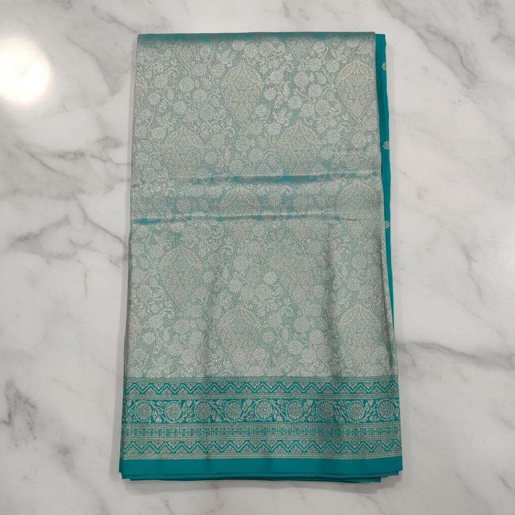 Kanchipuram Pure Silk Saree with detailed Butta motifs and luxurious Pallu in Two Tone Green color