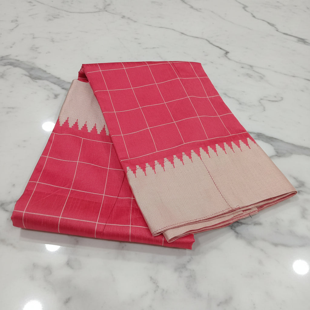 Tussar Silk saree with checkered pattern light weight saree with temple border in Light Red Color