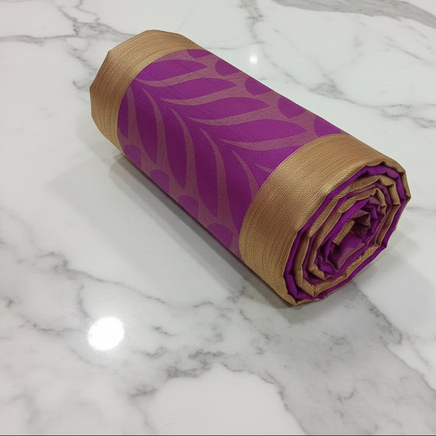 Tussar Silk saree with leaf pattern light weight saree organza drape with leaf pattern all over saree with mild gold thread border in Purple Color