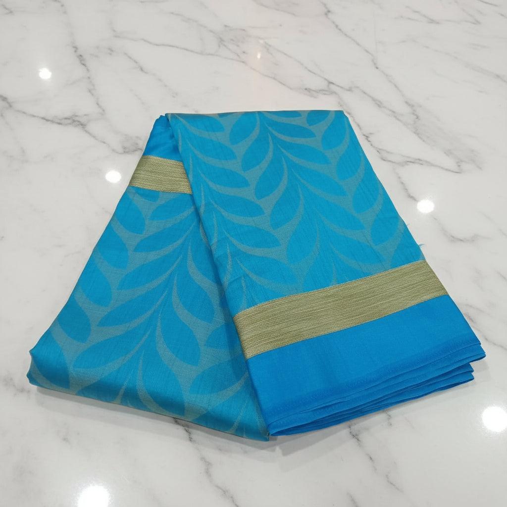Tussar Silk saree with leaf pattern light weight saree organza drape with leaf pattern all over saree with mild gold thread border in Blue Color