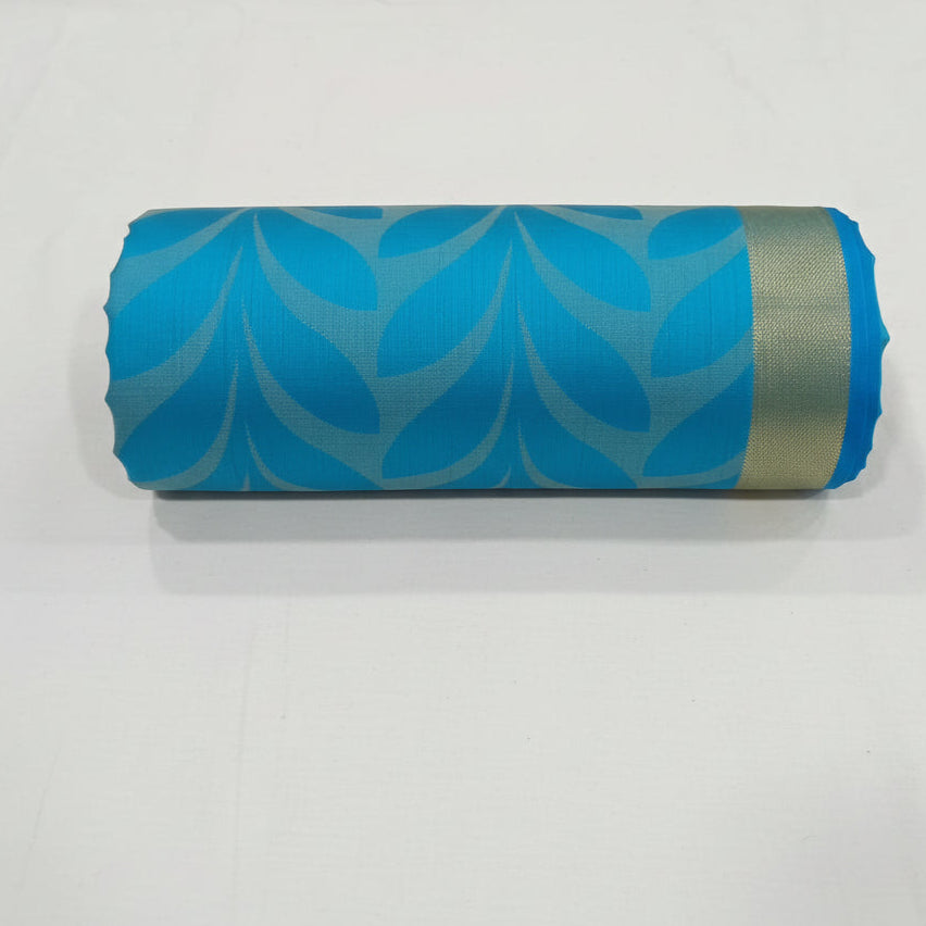 Tussar Silk saree with leaf pattern light weight saree organza drape with leaf pattern all over saree with mild gold thread border in Blue Color