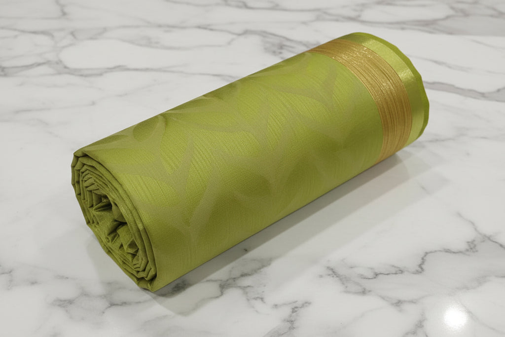 Tussar Silk saree with leaf pattern light weight saree organza drape with leaf pattern all over saree with mild gold thread border in Light Green Color