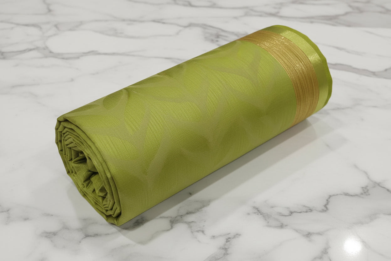 Tussar Silk saree with leaf pattern light weight saree organza drape with leaf pattern all over saree with mild gold thread border in Light Green Color