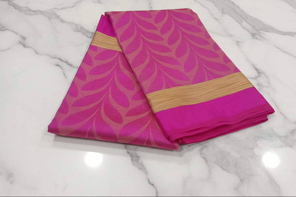 Tussar Silk saree with leaf pattern light weight saree organza drape with leaf pattern all over saree with mild gold thread border in Pink Color
