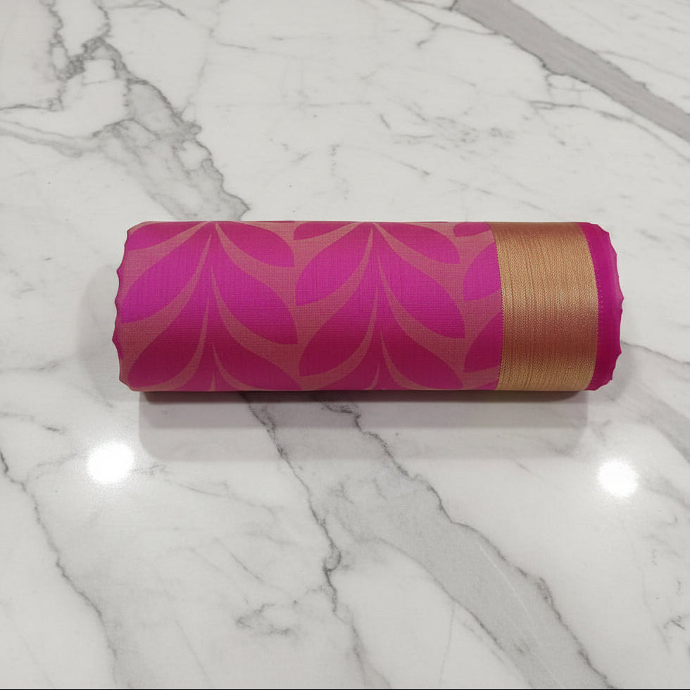 Tussar Silk saree with leaf pattern light weight saree organza drape with leaf pattern all over saree with mild gold thread border in Pink Color
