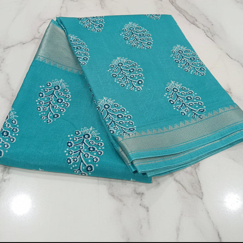 Tussar Silk saree with floral pattern light weight saree organza drape with gold color silk border in Sky Blue Color