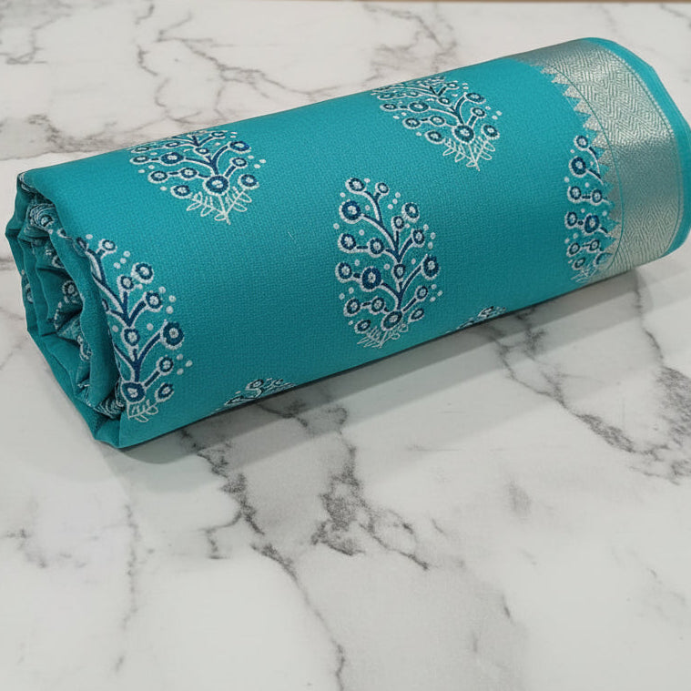 Tussar Silk saree with floral pattern light weight saree organza drape with gold color silk border in Sky Blue Color