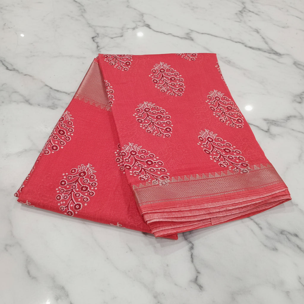 Tussar Silk saree with floral pattern light weight saree organza drape with gold color silk border in Reddish Peach color