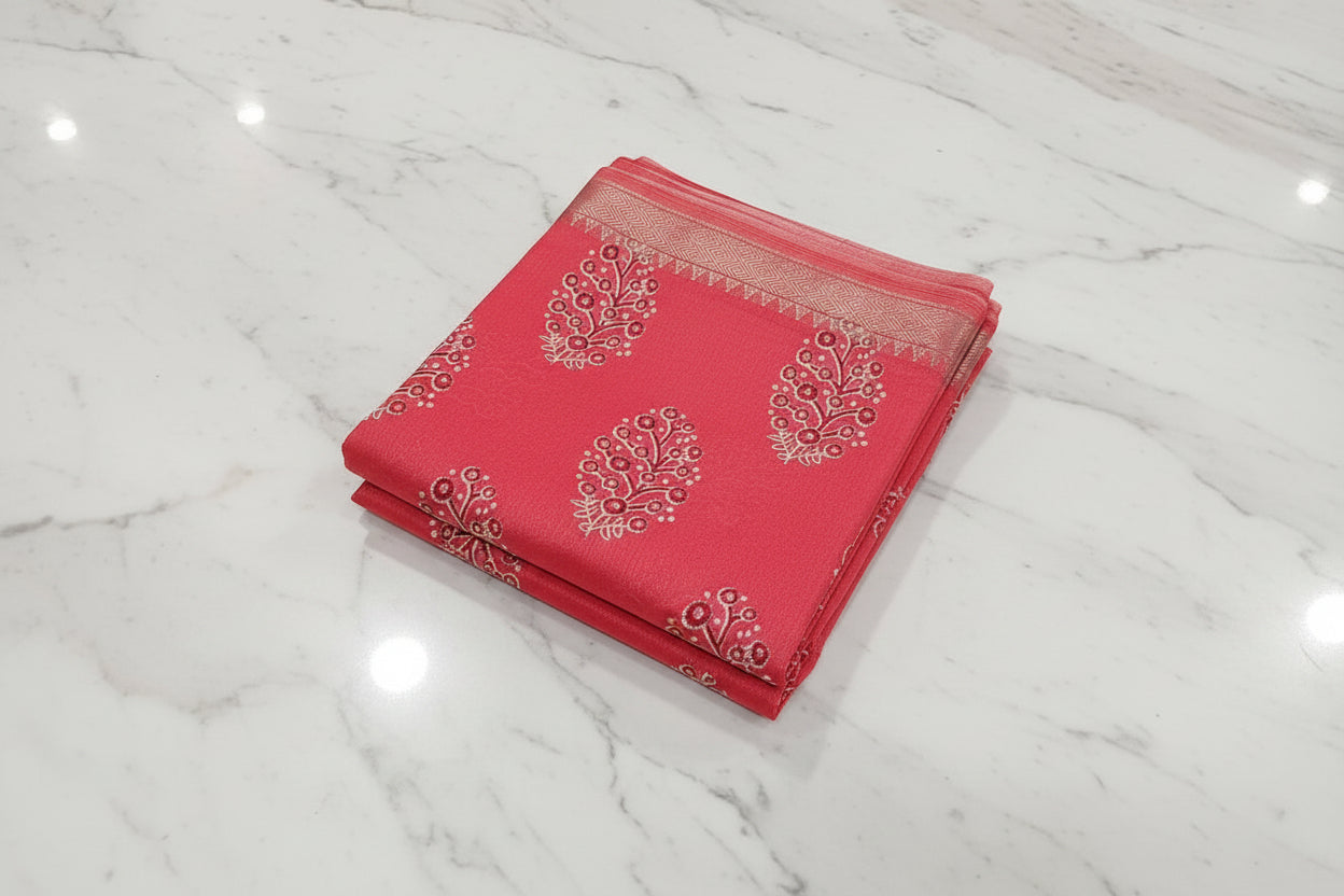 Tussar Silk saree with floral pattern light weight saree organza drape with gold color silk border in Reddish Peach color