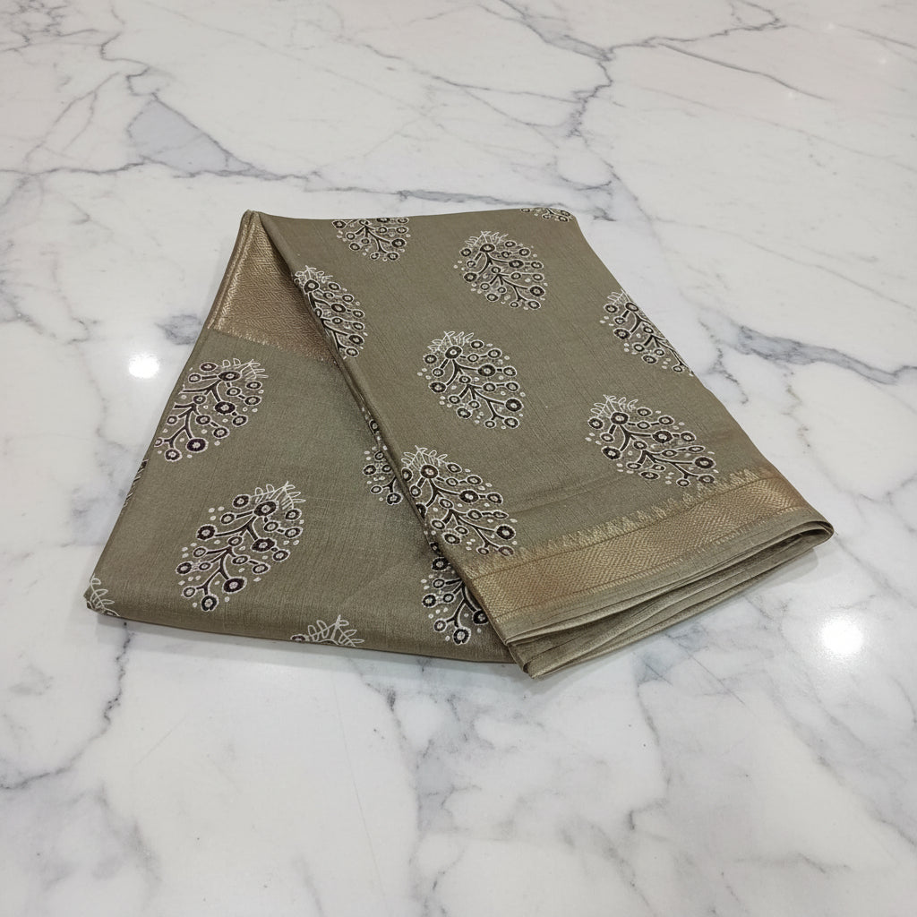 Tussar Silk saree with floral pattern light weight saree organza drape with gold color silk border in  Green Color