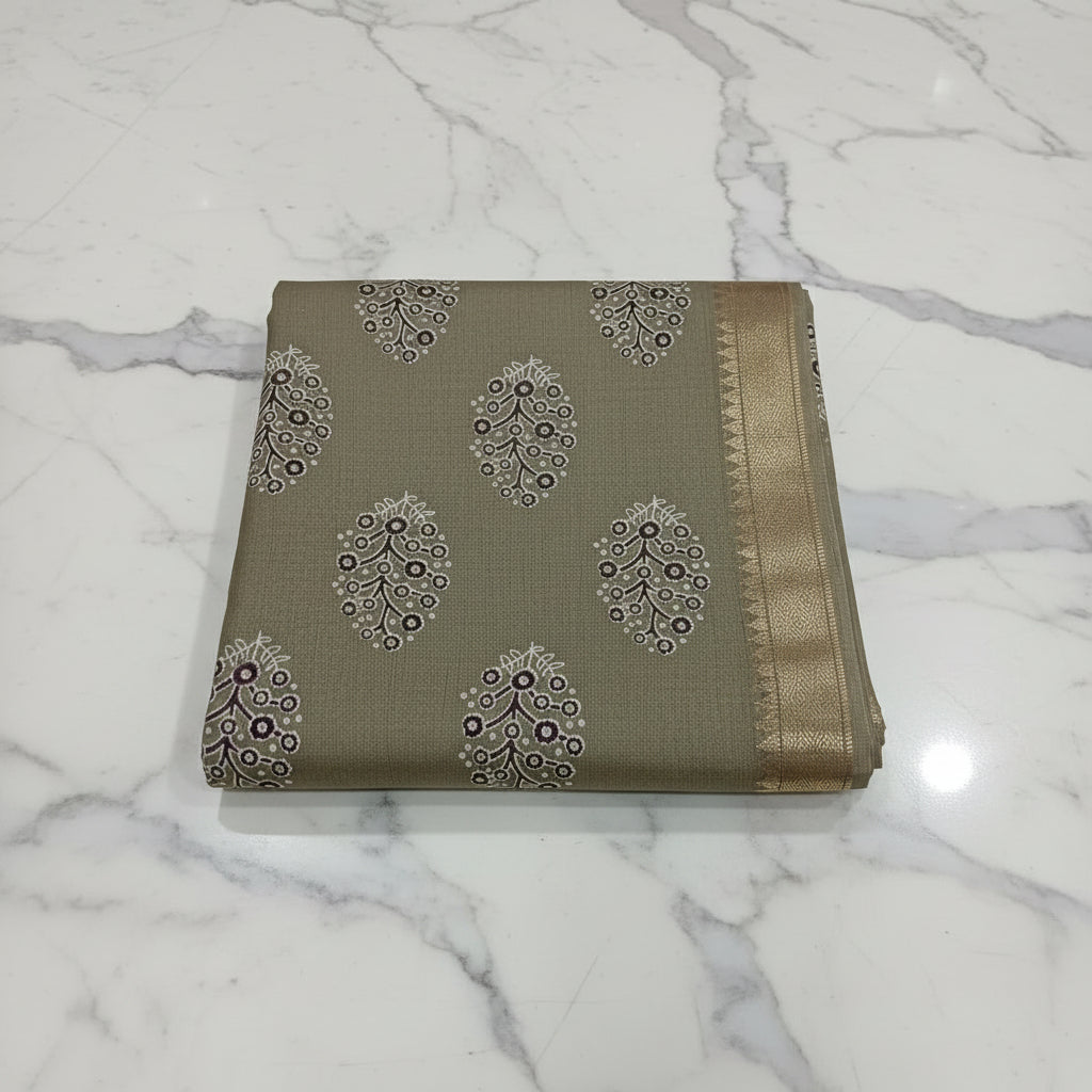 Tussar Silk saree with floral pattern light weight saree organza drape with gold color silk border in  Green Color