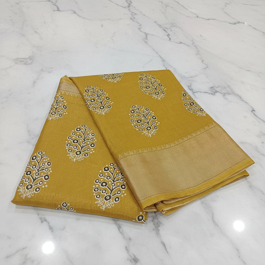 Tussar Silk saree with floral pattern light weight saree organza drape with gold color silk border in Yellow Color