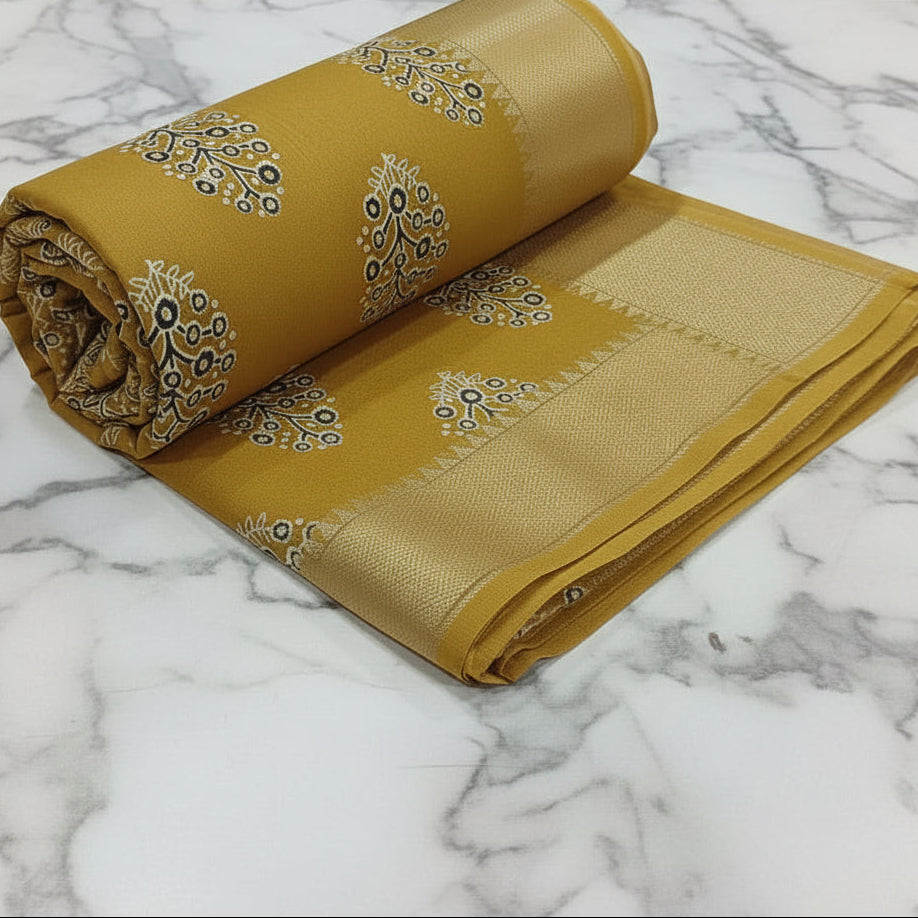 Tussar Silk saree with floral pattern light weight saree organza drape with gold color silk border in Yellow Color