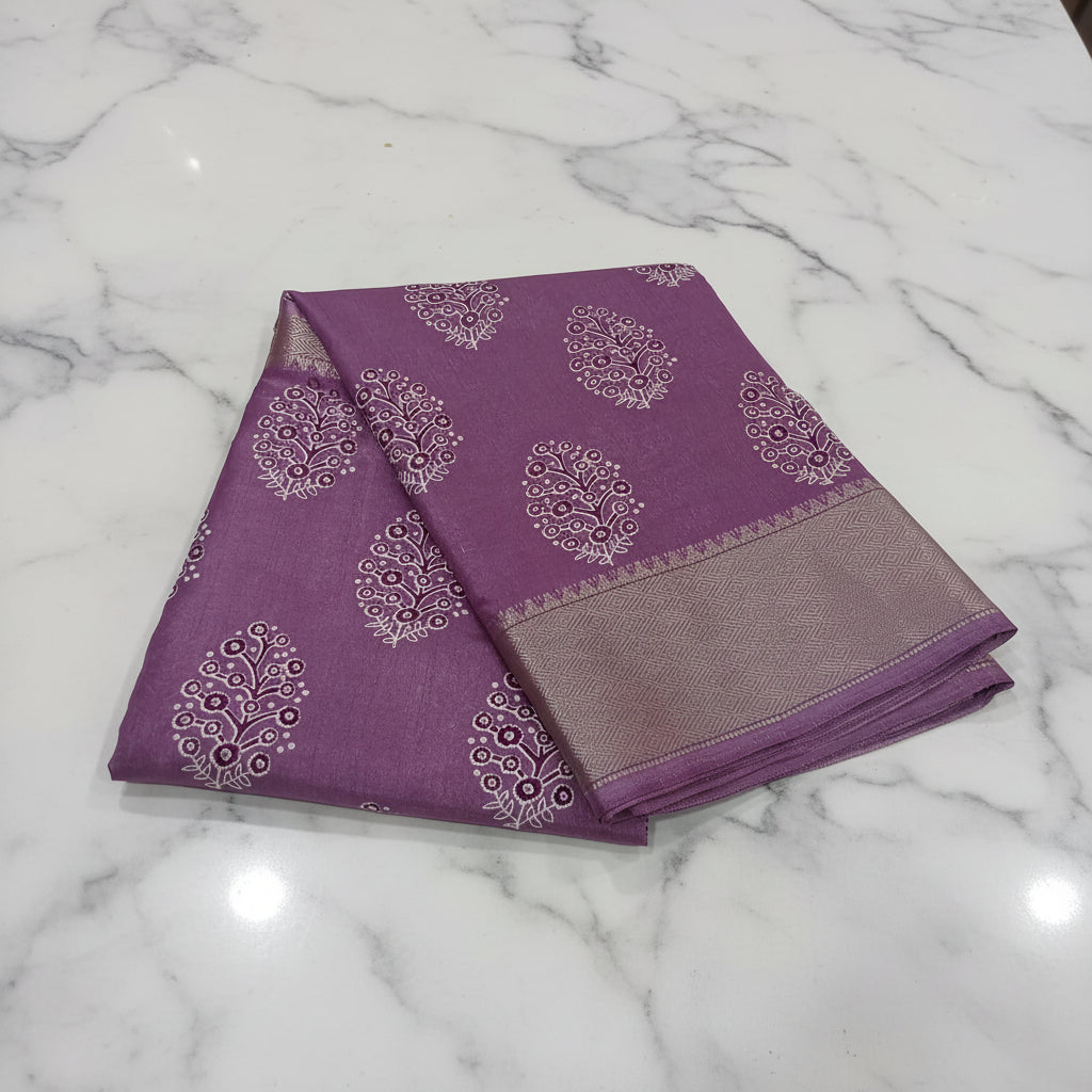 Tussar Silk saree with floral pattern light weight saree organza drape with gold color silk border in  Lilac color
