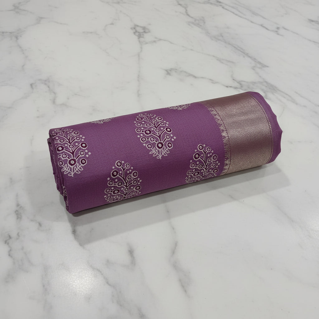 Tussar Silk saree with floral pattern light weight saree organza drape with gold color silk border in  Lilac color
