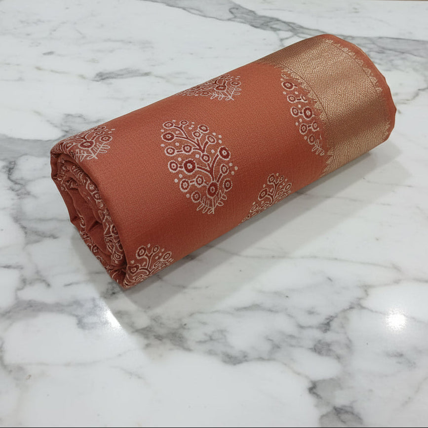 Tussar Silk saree with floral pattern light weight saree organza drape with gold color silk border in  Orange Color