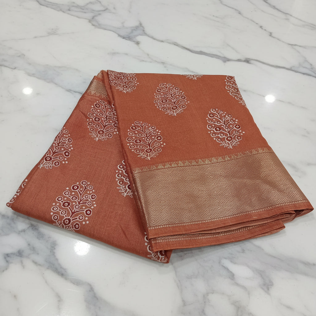 Tussar Silk saree with floral pattern light weight saree organza drape with gold color silk border in  Orange Color