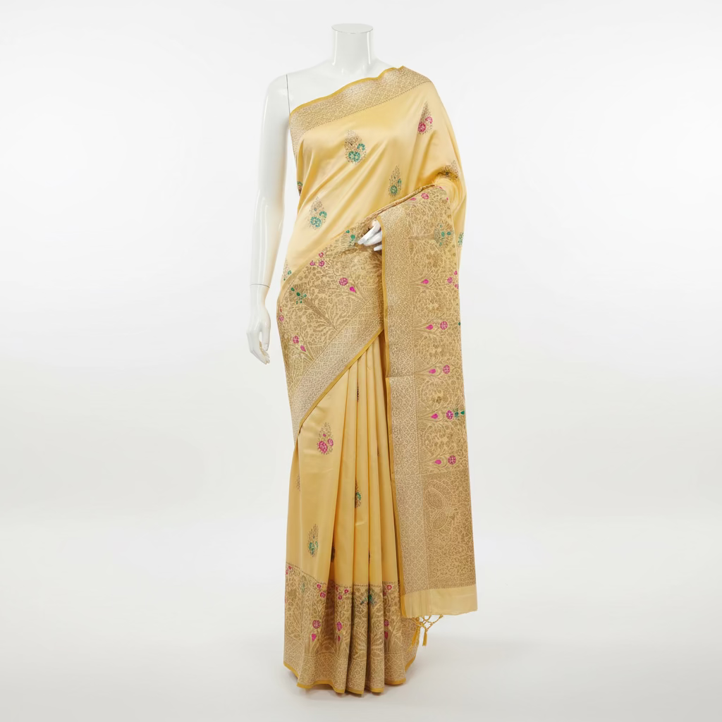 Banarasi Pure Silk Saree with luxurious yet delicate looking Gold Zari Buttas all over the saree and Pallu in Cream color