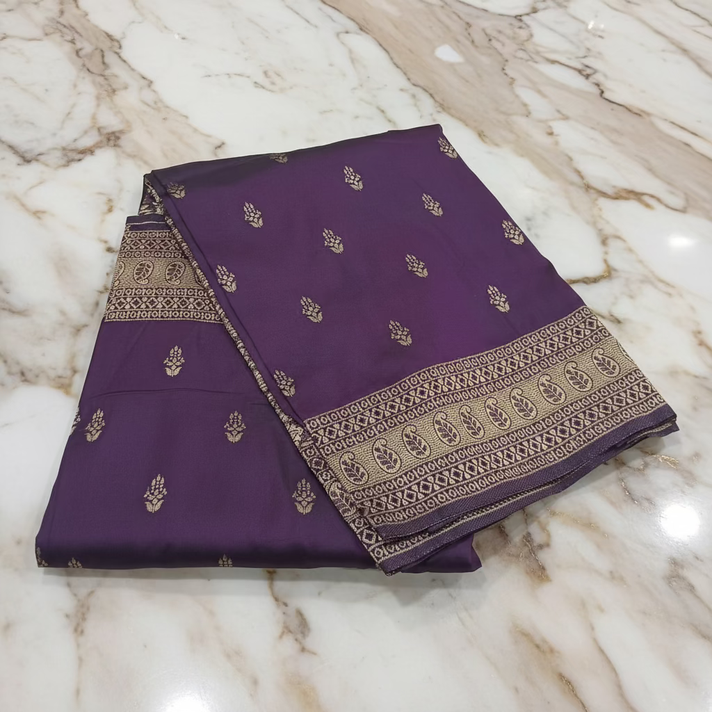 Banarasi Pure Silk Saree with mini gold zari butta motif all over saree with elaborate gold zari border and pallu in Royal Purple color