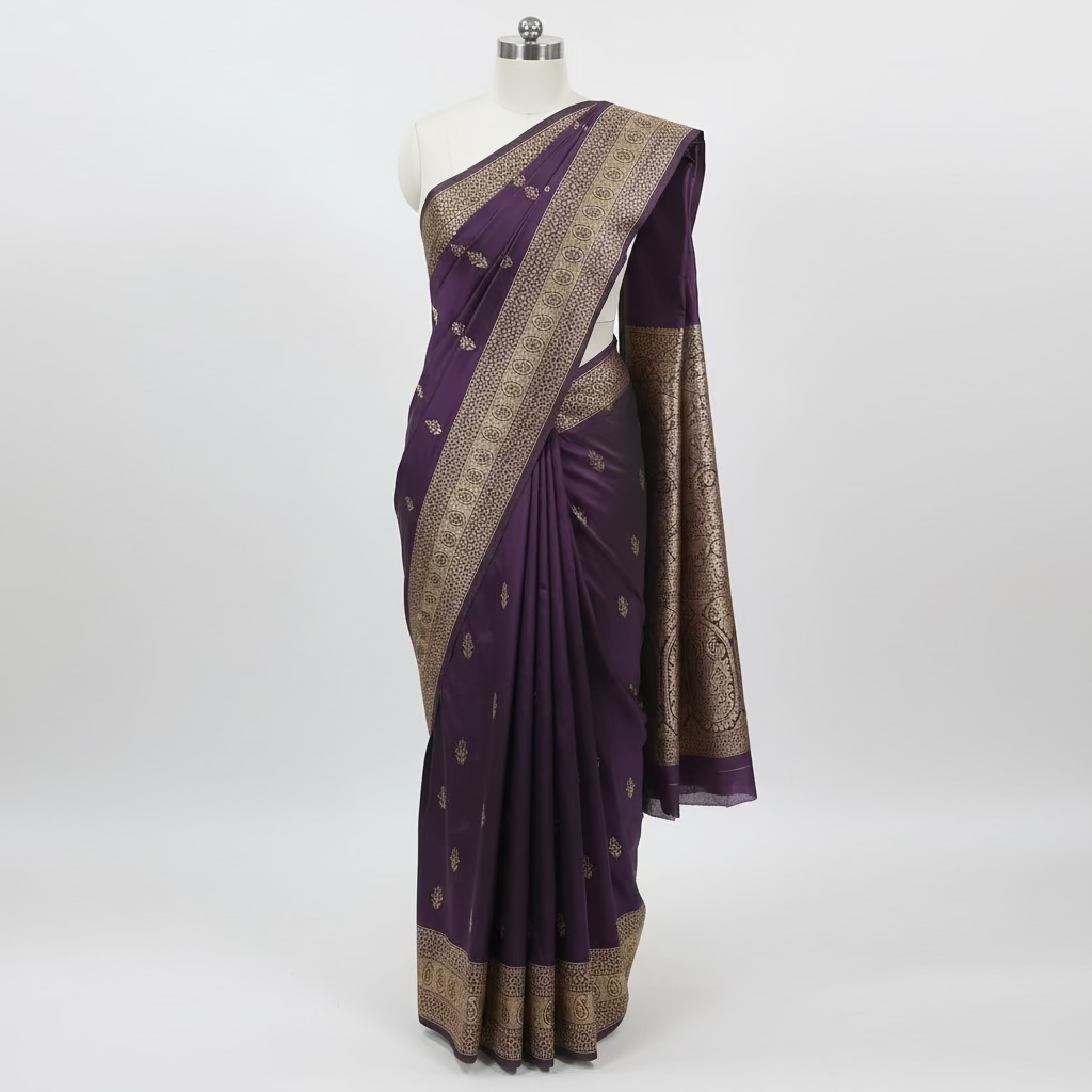 Banarasi Pure Silk Saree with mini gold zari butta motif all over saree with elaborate gold zari border and pallu in Royal Purple color