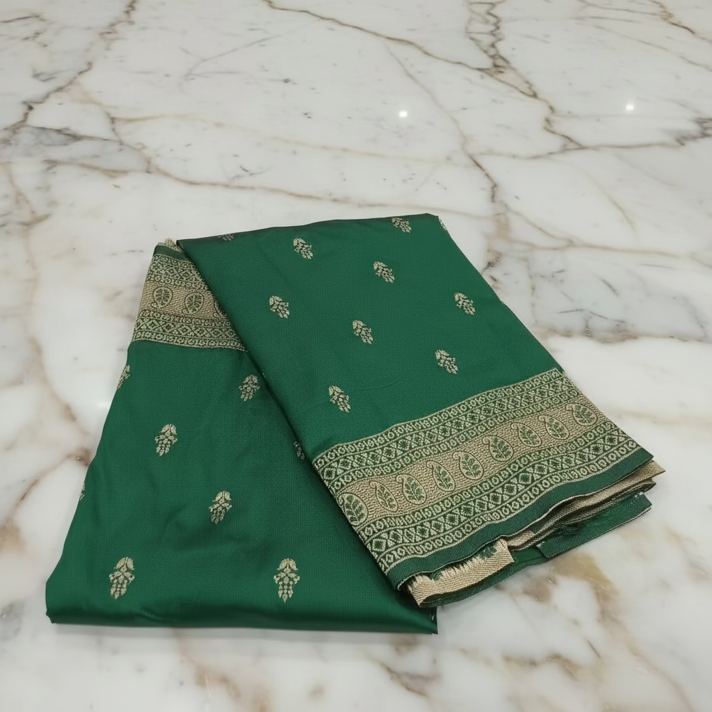 Banarasi Pure Silk Saree with mini gold zari butta motif all over saree with elaborate gold zari border and pallu in Deep Green color