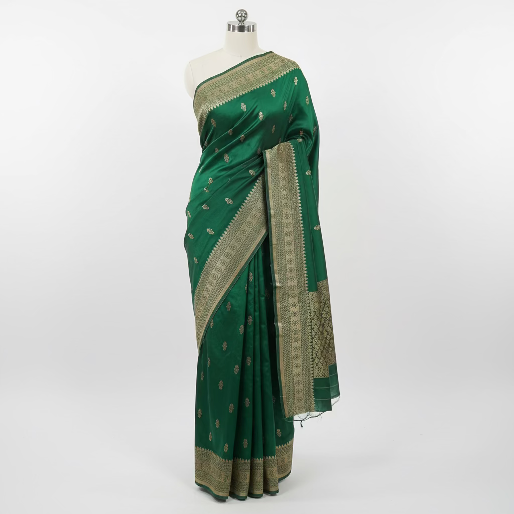 Banarasi Pure Silk Saree with mini gold zari butta motif all over saree with elaborate gold zari border and pallu in Deep Green color