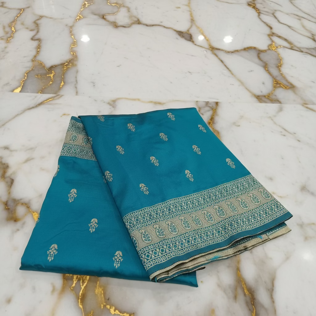 Banarasi Pure Silk Saree with mini gold zari butta motif all over saree with elaborate gold zari border and pallu in Greenish Blue color