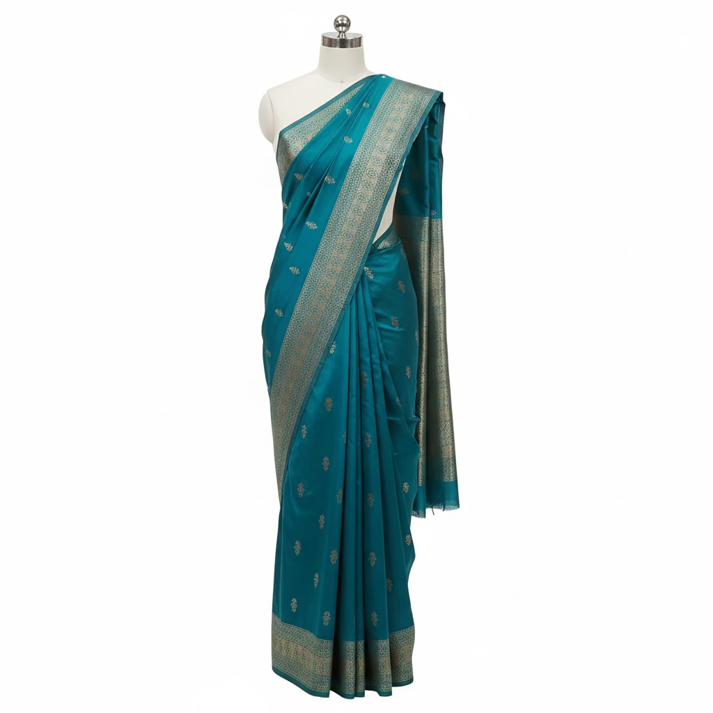 Banarasi Pure Silk Saree with mini gold zari butta motif all over saree with elaborate gold zari border and pallu in Greenish Blue color