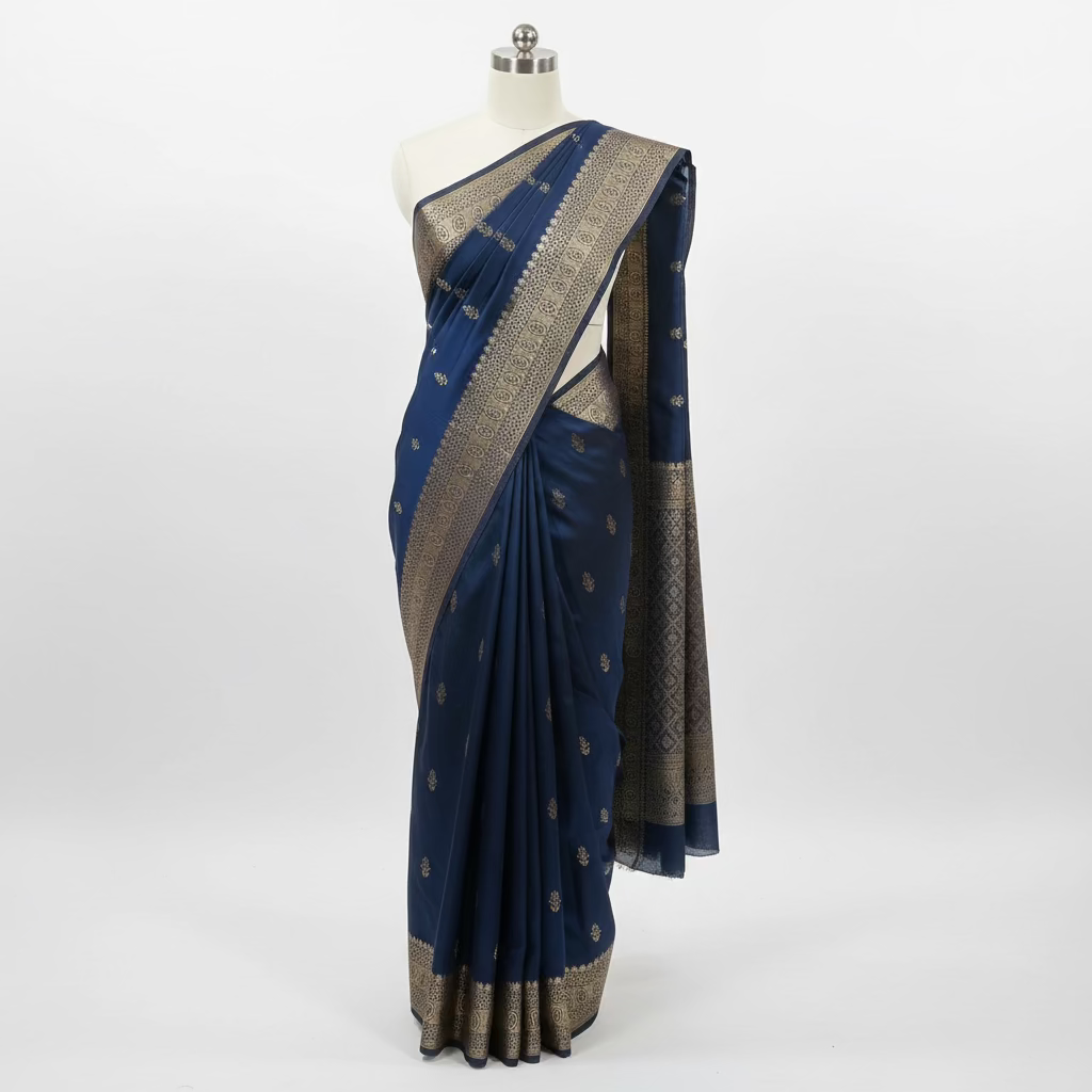Banarasi Pure Silk Saree with mini gold zari butta motif all over saree with elaborate gold zari border and pallu in Navy Blue color