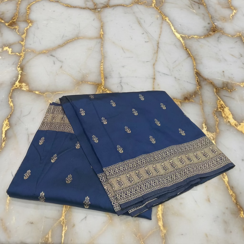 Banarasi Pure Silk Saree with mini gold zari butta motif all over saree with elaborate gold zari border and pallu in Navy Blue color
