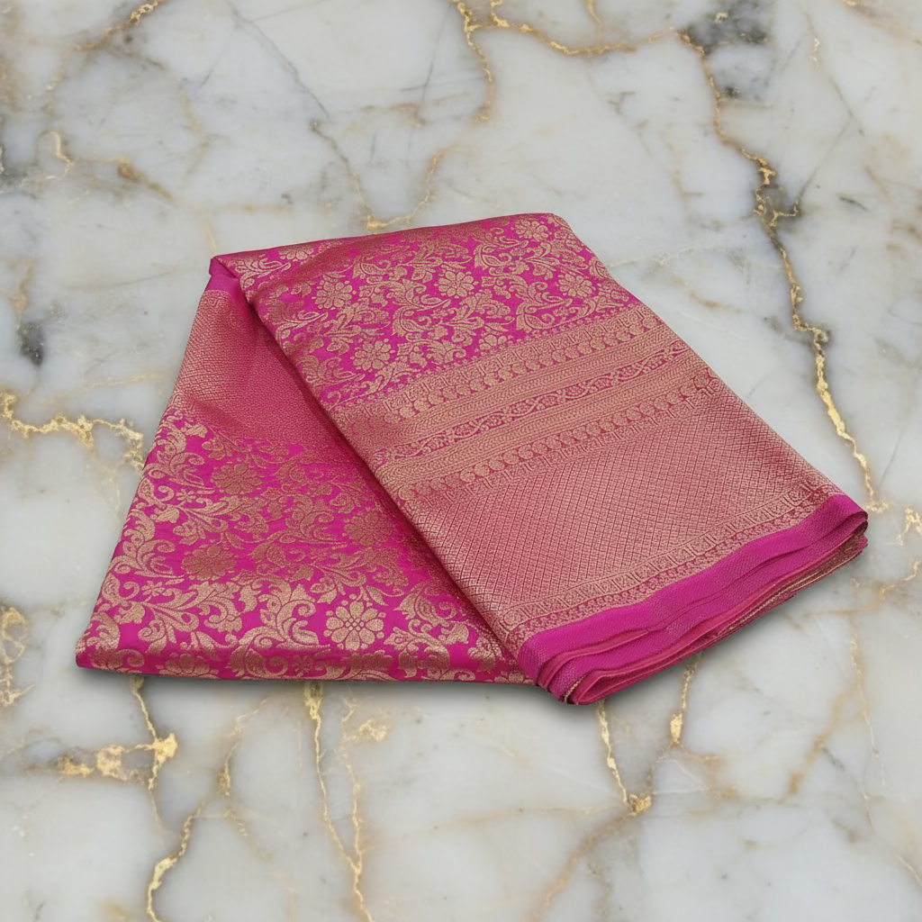 Banarasi Pure Silk Saree with beautiful birds and mango buttas with pretty gold zari work all over the saree in Royal pink color
