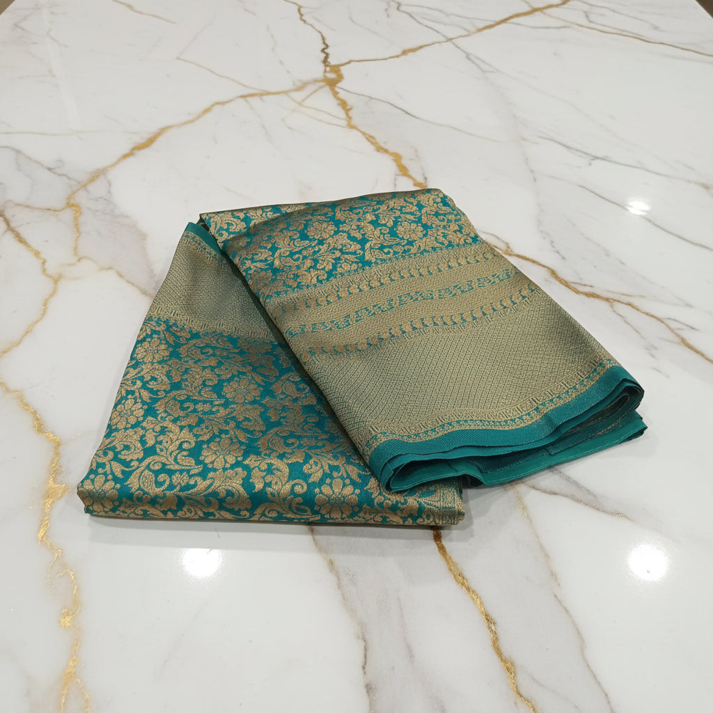 Banarasi Pure Silk Saree with beautiful birds and mango buttas with pretty gold zari work all over the saree in Royal Aqua Green Color