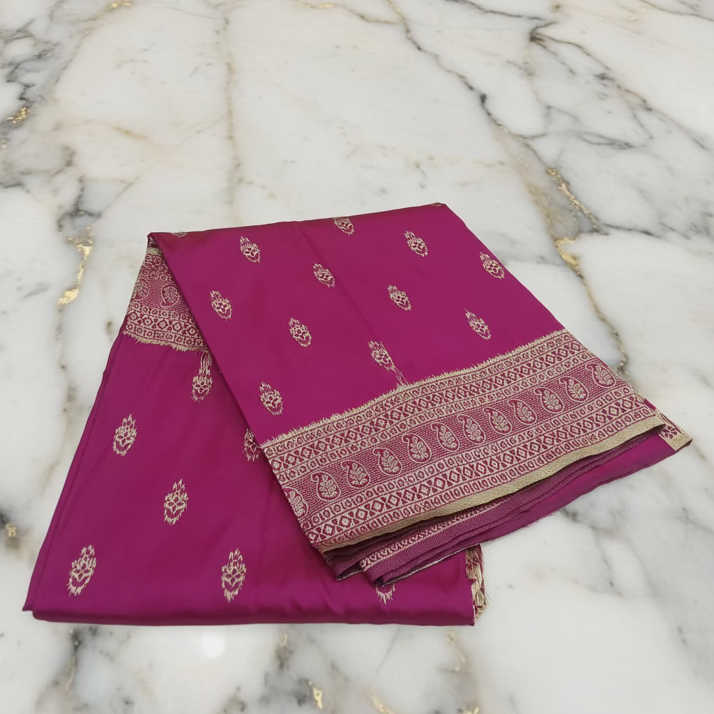 Banarasi Pure Silk Saree with mini gold zari butta motif all over saree with elaborate gold zari border and pallu inDark Pink color
