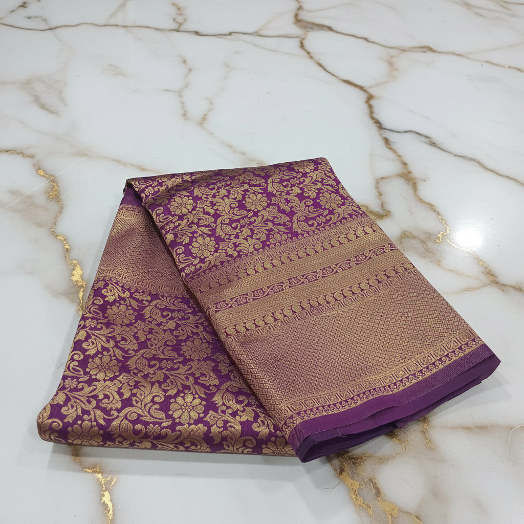Banarasi Pure Silk Saree with beautiful birds and mango buttas with pretty gold zari work all over the saree in Royal Purple Color